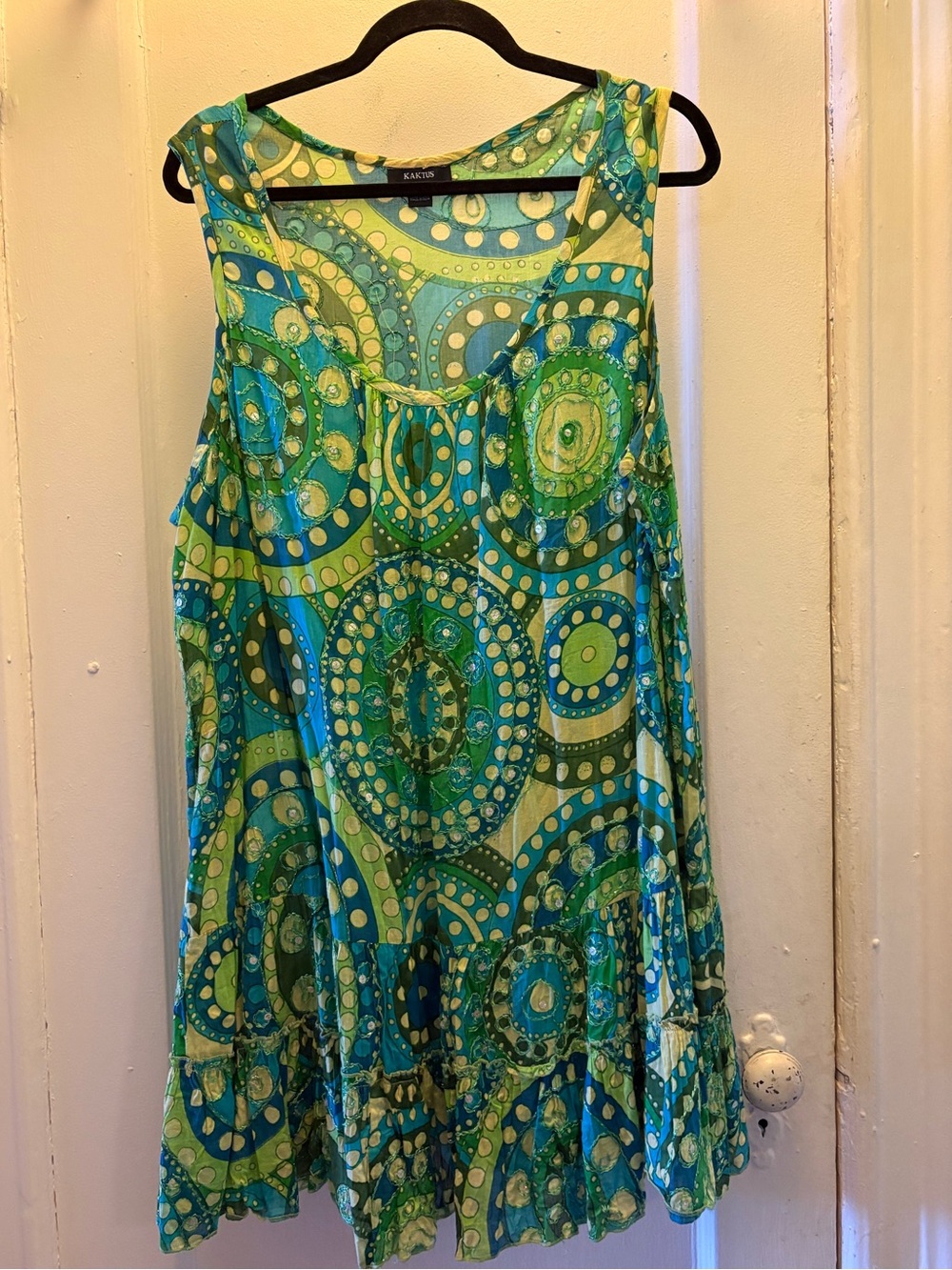 Green blue psychedelic print cotton sun dress or beach cover-up. XL